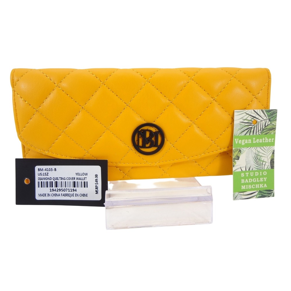 Badgley Mischka Wallet Yellow NEW Diamond Quilted Vegan BM-4103-B